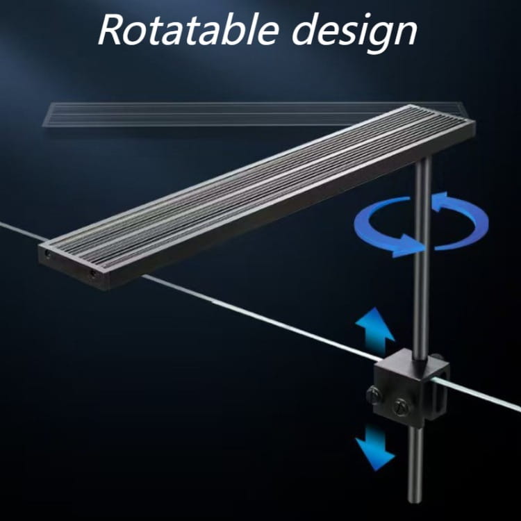 Luz para tanque de peces de aleación de aluminio rectangular y estilizada, con acabado metálico y superficie ranurada, montada sobre un soporte ajustable y con iluminación de espectro completo DC12V.