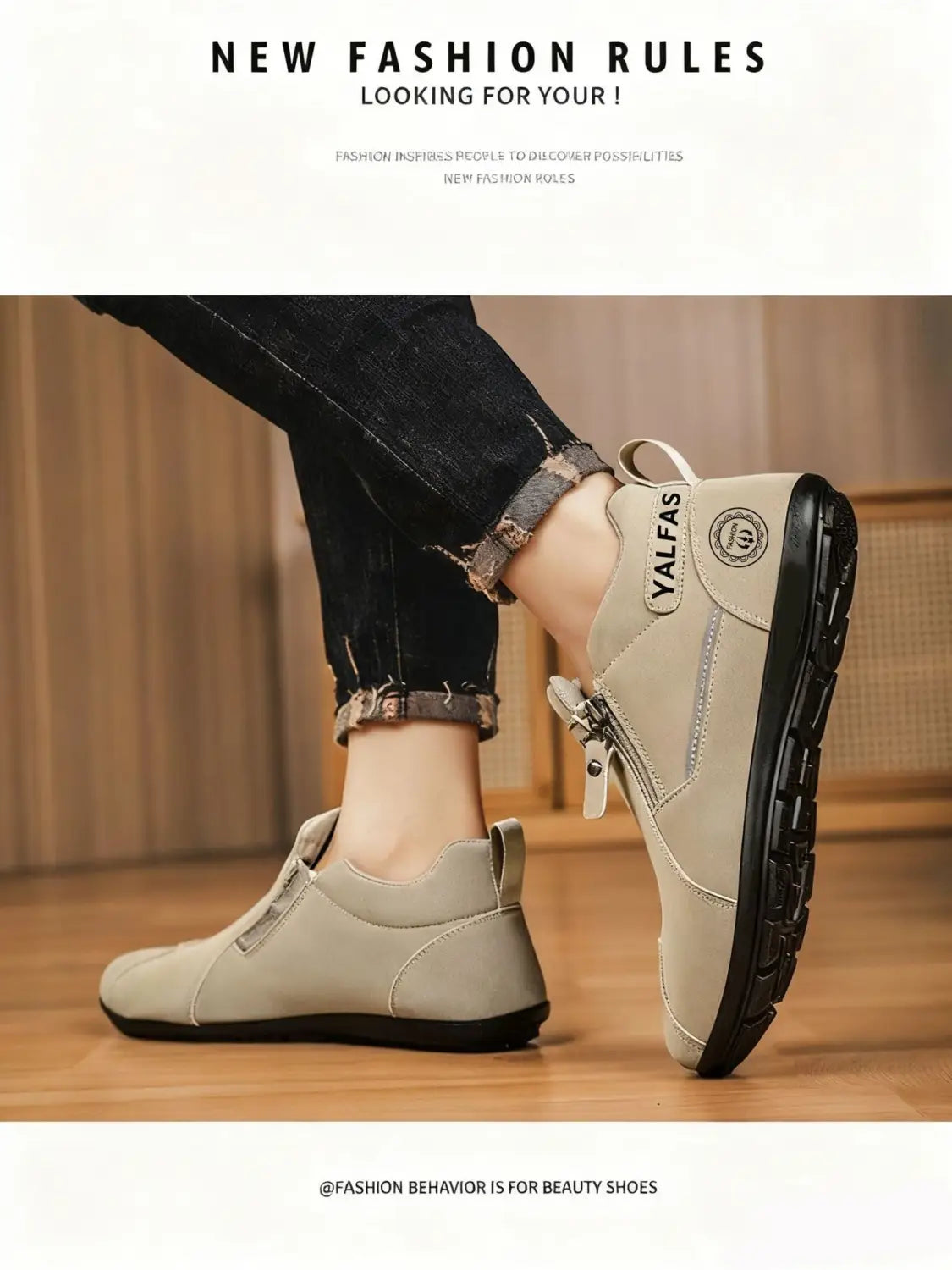 Herren-Casual-Sneaker aus Wildleder zum Hineinschlüpfen mit Zipper-Verschluss, mit beigen Yalfas-Reißverschluss-Stiefeletten im Knöchelbereich, schwarzen Gummisohlen und einem minimalistischen Design.