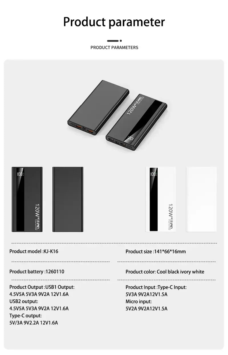 Banco de energía de carga rápida de 120 W en negro y blanco marfil con un diseño rectangular elegante y pantalla digital.