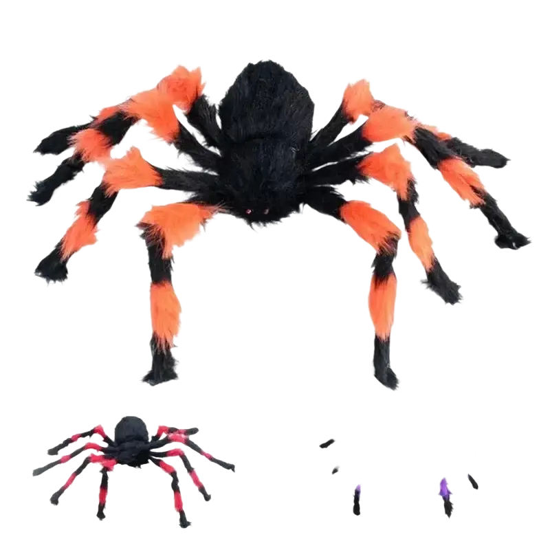 A 30 cm plush fake spider with a black body and orange-striped legs for halloween decorations and spider web setups
