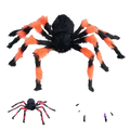 A 30 cm plush fake spider with a black body and orange-striped legs for halloween decorations and spider web setups