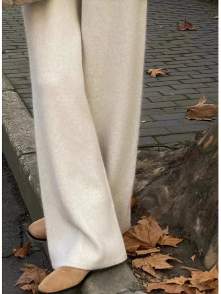 Autumn Winter Thickened Wool Wide Leg Pants Women's Draped Knitted Straight Leg Long Trousers Cashmere Outerwear Small Size F...