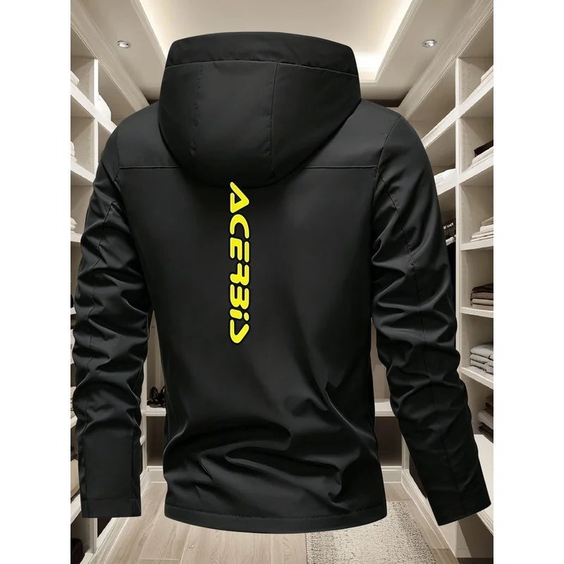Men's off-road motorcycle style hooded jacket with BIS bright yellow logo print, windproof and multifunctional casual jacket