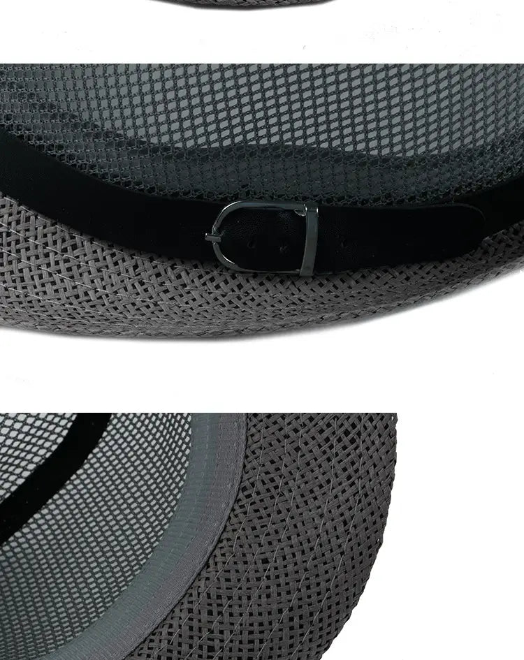 Gray mesh linen fedora sun hat with a black leather strap and silver buckle ideal for beach summer wear.