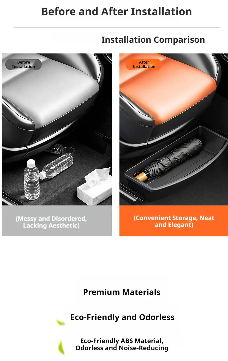 Orange under seat car storage organizer box made of eco-friendly ABS material with a car seat cover shown from the back side