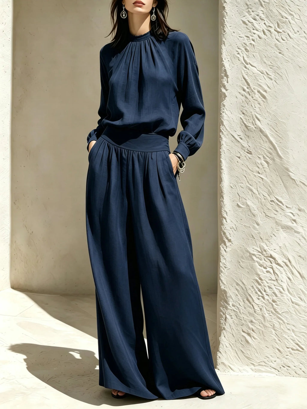2026 Fall European and American New Casual, High-End, Stand-Up Collar Outfit Set: Loose Blouse, Wide-Leg Pants for Women.
