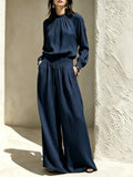 2026 Fall European and American New Casual, High-End, Stand-Up Collar Outfit Set: Loose Blouse, Wide-Leg Pants for Women.