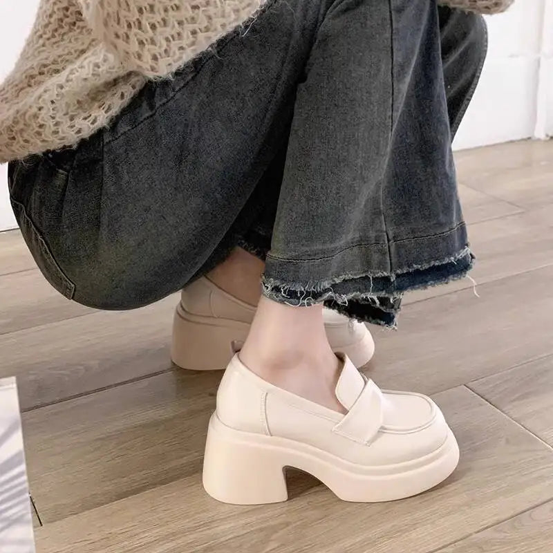 Women Leather Shoes 2026 Spring British Thick Platform Loafers Women's Versatile Chunky Heel Mary Janes Casual Shoes