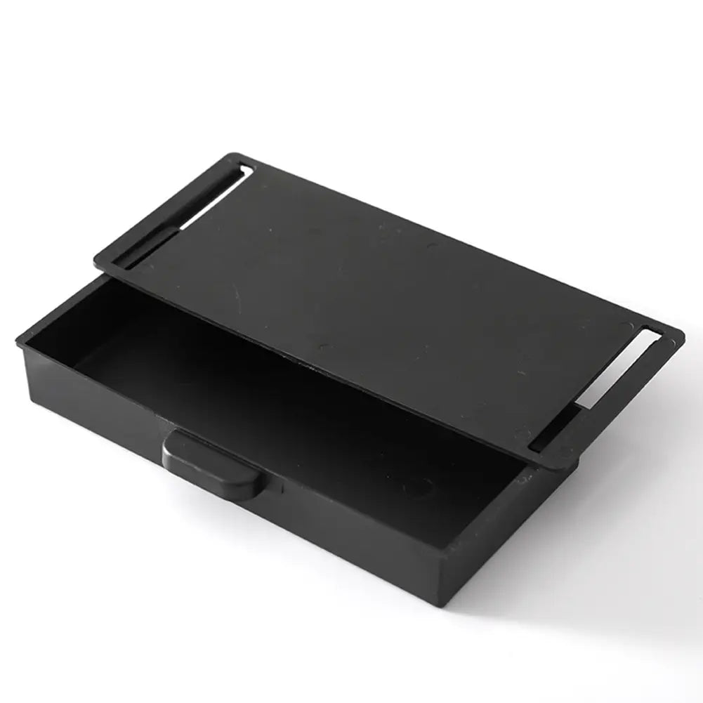 Boîte de rangement rectangulaire en plastique noir pour tiroir sous bureau, en ABS, avec couvercle à charnière, poignée intégrée et matériau plastique à finition mate