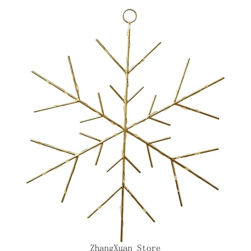 gold-colored metal snowflake wall hanging with a circular hook for use as a christmas tree and wreath ornament