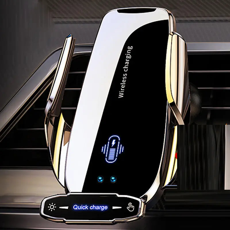 A sleek chrome-finished auto clamping wireless car charger phone mount with a black display panel showing wireless charging and a quick charge button.