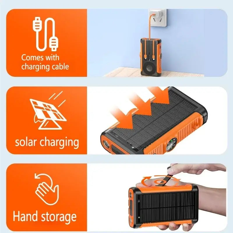 orange-schwarze, tragbare Solar-Powerbank 20.000 mAh, Handkurbel-Ladegerät mit robustem, strukturiertem Design