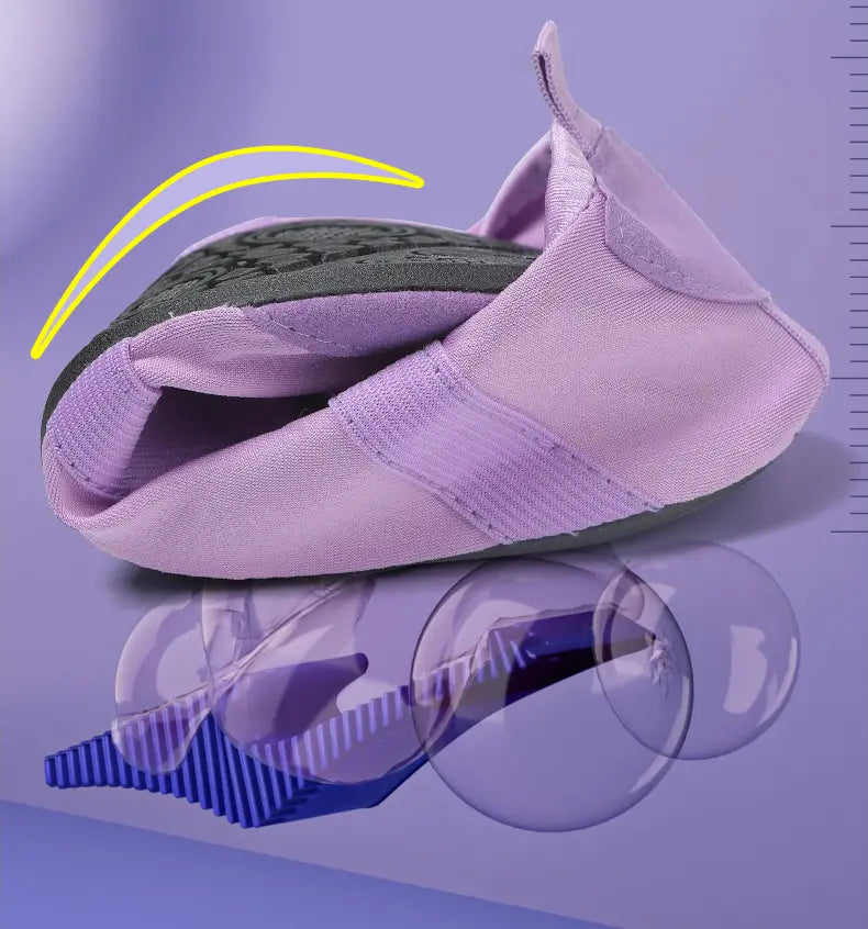 Purple canvas women yoga shoes with anti-slip fitness flats featuring dark green textured insoles and elastic side straps.
