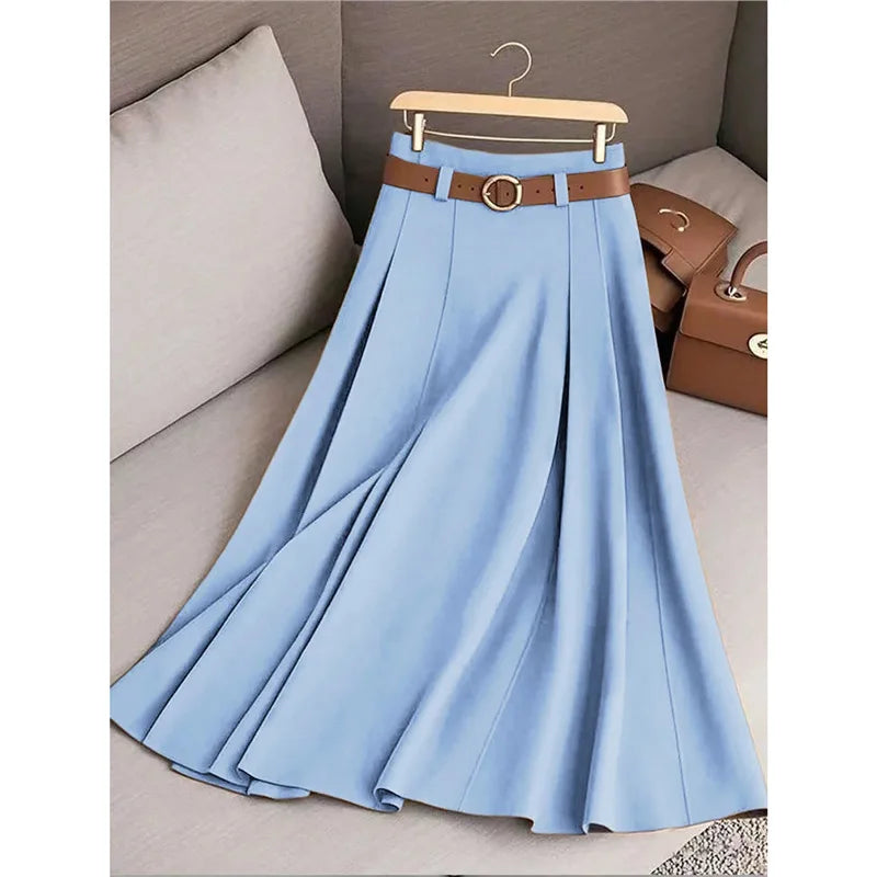 Elegant Fashion Skirts For Women 2026 New Spring Autumn Patchwork Pleated A-Line Mid-length Skirts Commuting Office Lady Skirt