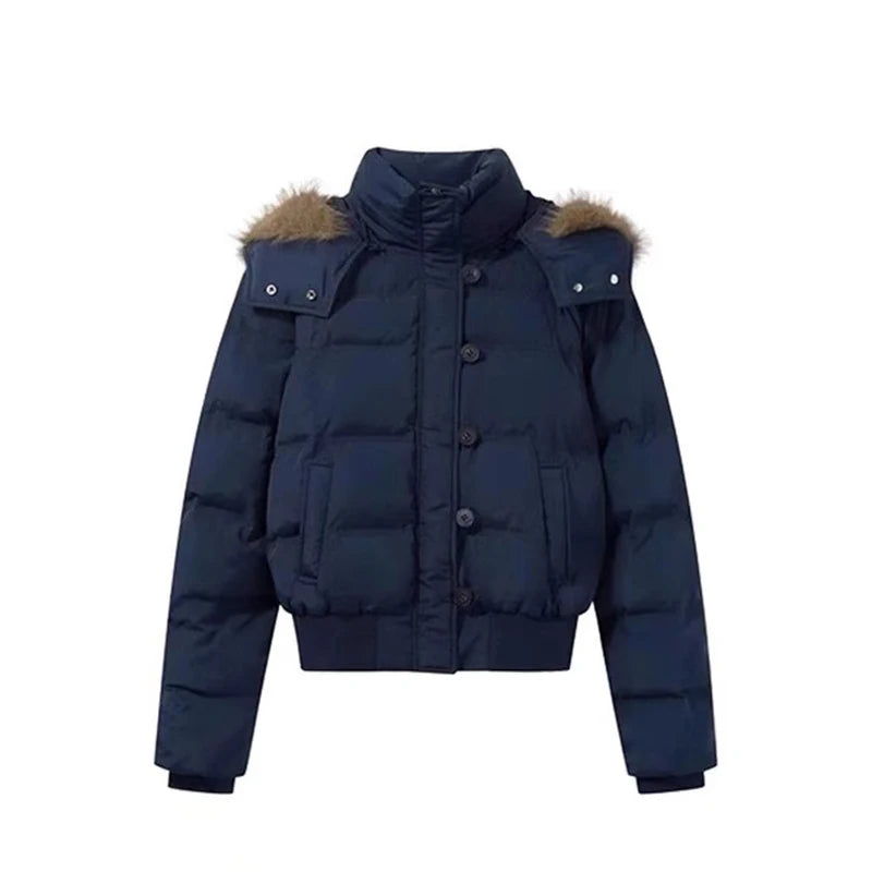 Women's Winter Warm Jacket Korean Thickened Big Fur Collar Hooded Outerwear Fashion Casual Detachable Short Cotton-Padded Coat