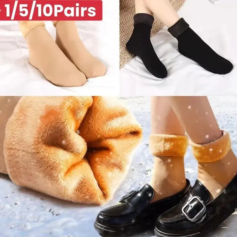 Warm beige and black winter thermal socks made of cashmere wool with a plush fleece-lined interior for added comfort.