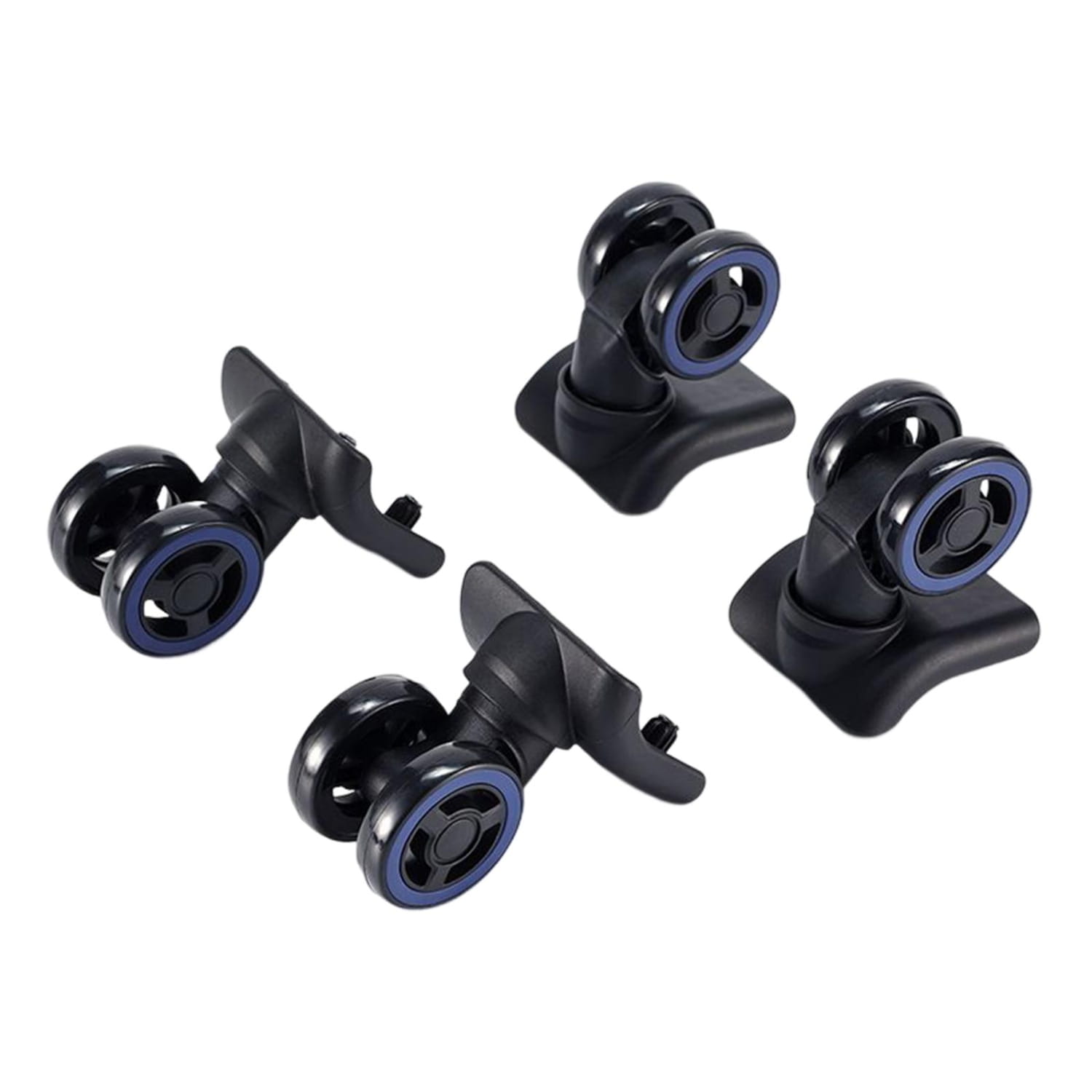 Reemplazo de rueda de equipaje de plástico negro con rines interiores azules y ruedas giratorias con giro de 360 grados, mostrado desde el lado posterior