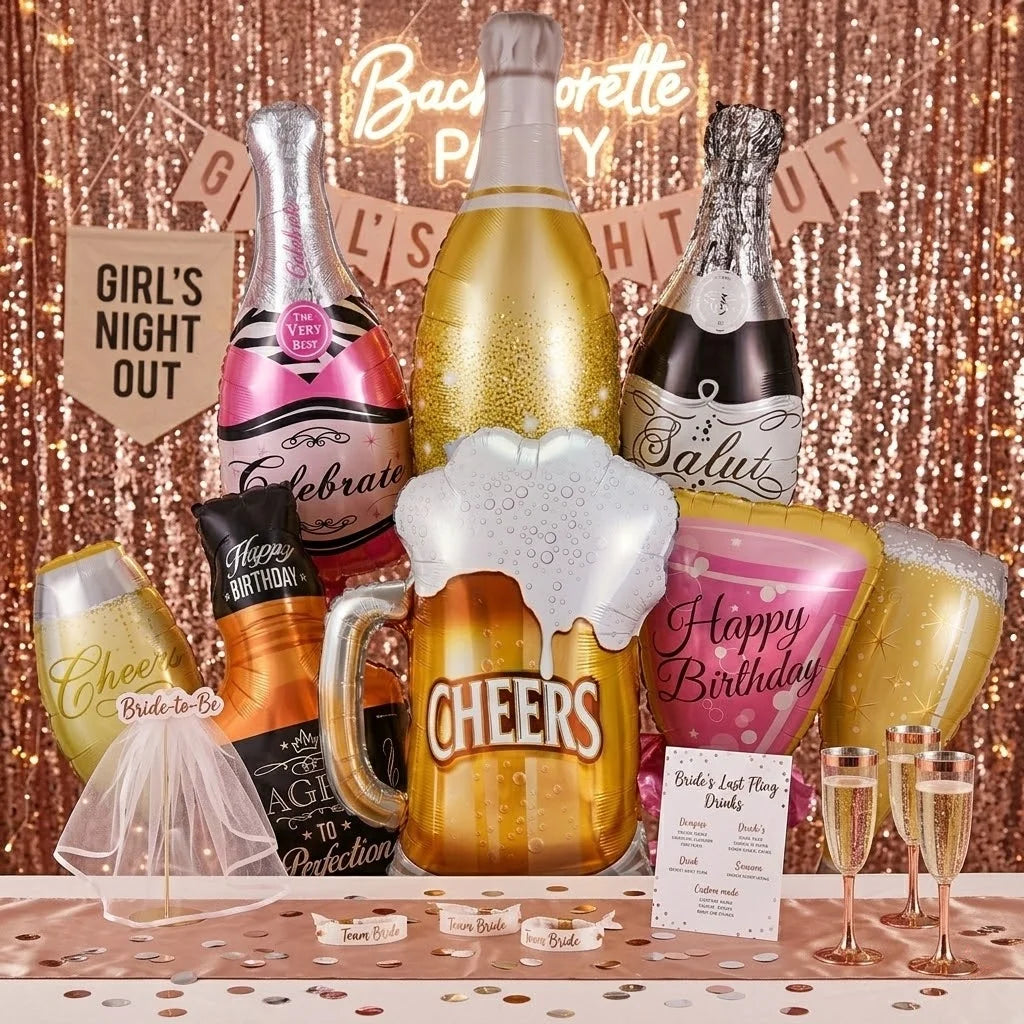 Adult Birthday Party Decor Large Champagne Foil Balloons Beer Mug Helium Globos for Men Women Black Gold Happy Birthday Banner