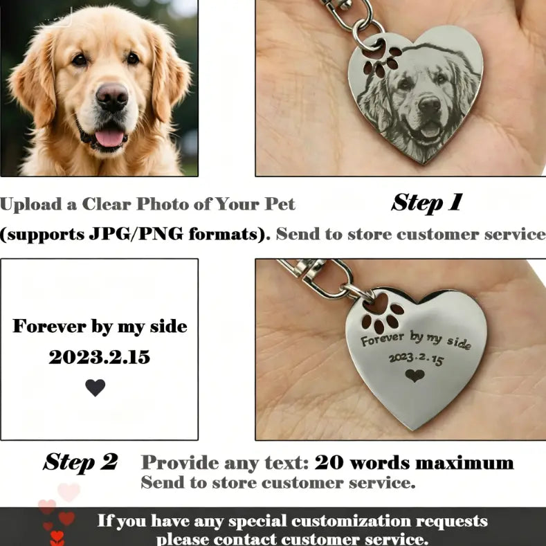 A heart-shaped silver-colored stainless steel keychain engraved with a dog portrait and the inscription forever by my side 2023.2.15 custom pet photo stainless steel heart keychain.