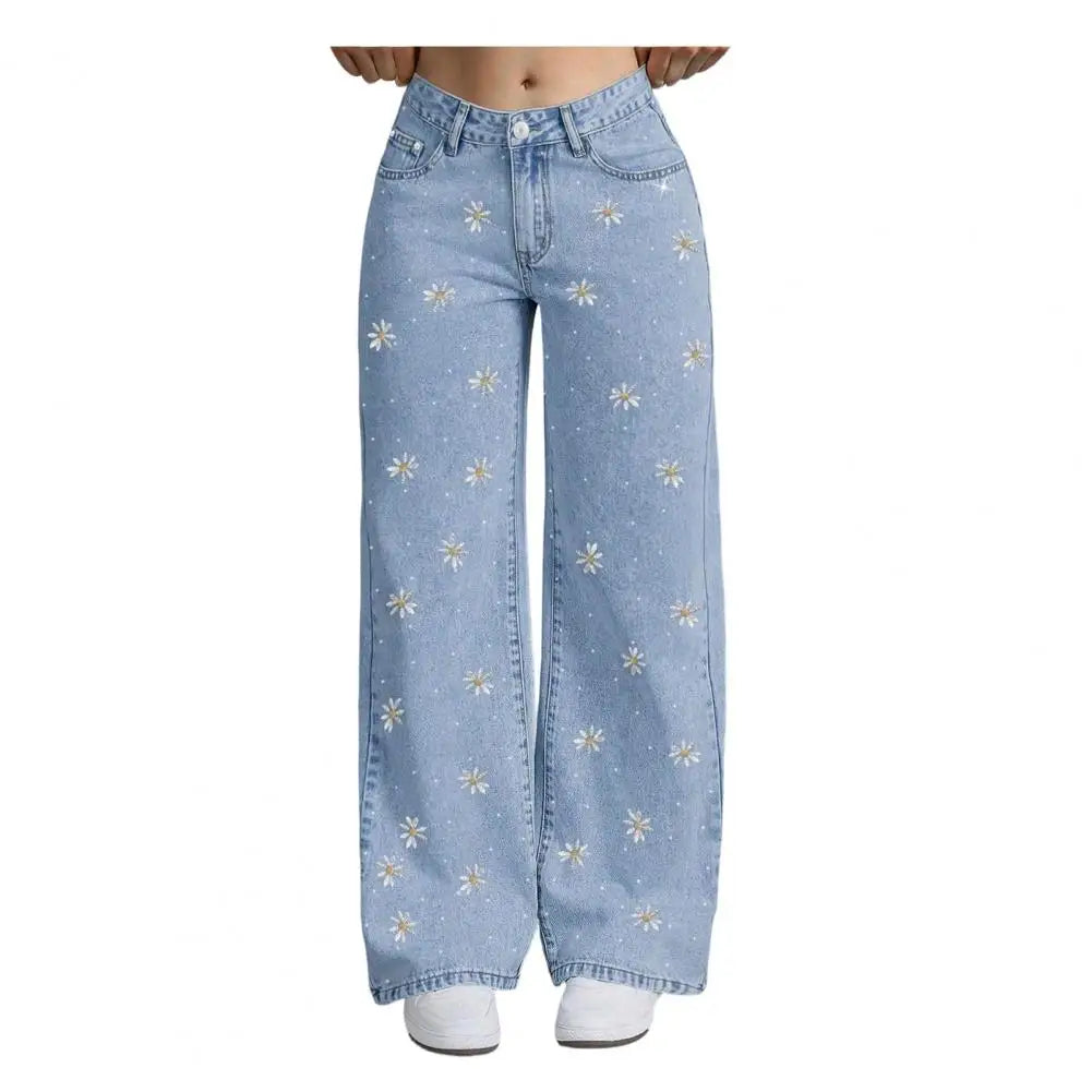 Women Jeans Casual Autumn Jeans Girls' Bow Cherry Print Baggy Jeans Wide Leg Mid-waisted Denim Pants Casual Streetwear Zipper