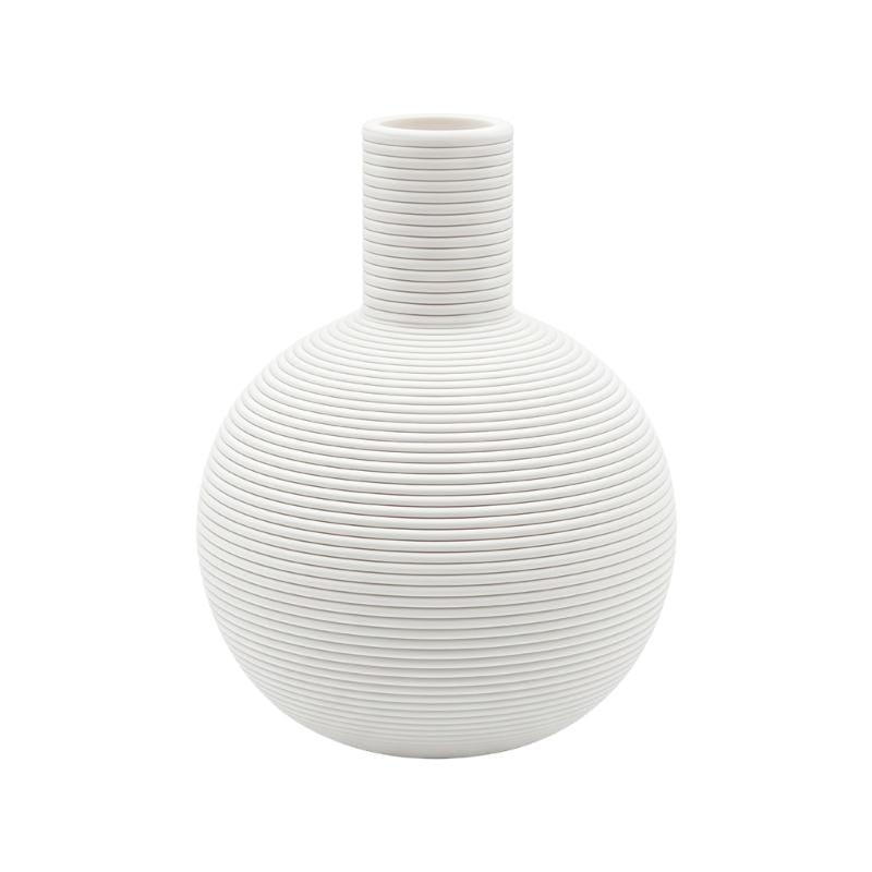 Vase décoratif en céramique blanc, pièce unique, à corps arrondi et texture cannelée, idéal comme vase décoratif en céramique ou comme pot à fleurs.