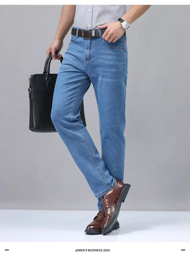 Men’s stretch cotton straight jeans in blue denim with a classic straight-leg cut and visible stitching details for casual wear.