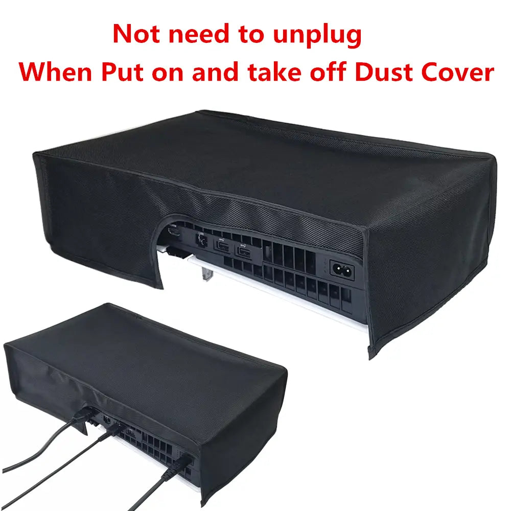 black mesh dust cover for ps5 pro console made of oxford cloth with a cutout for ports and ventilation designed for horizontal use