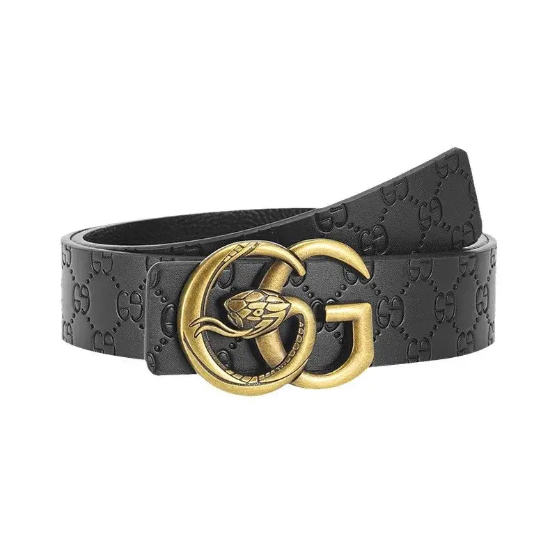 Black leather men snake buckle belt with gold-tone snake embossed gg logo buckle.