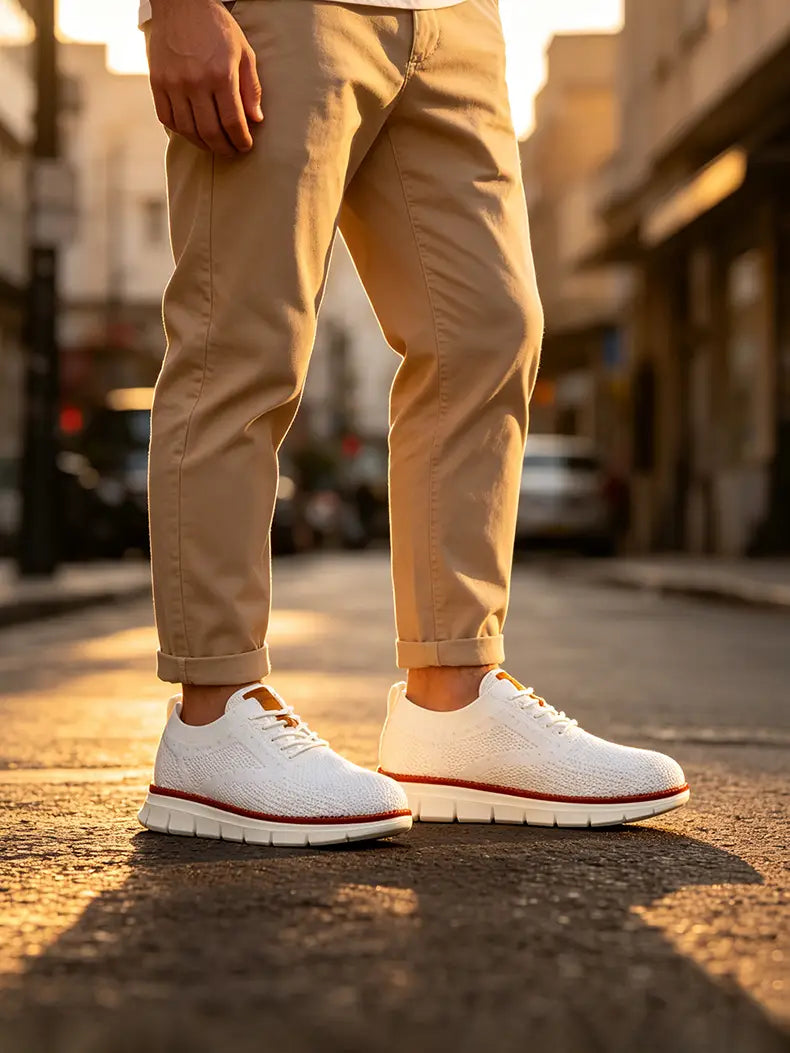 Zapatillas casual de hombre en tejido blanco con una franja de acento roja a lo largo de la suela; diseño transpirable para zapatos de caminar.