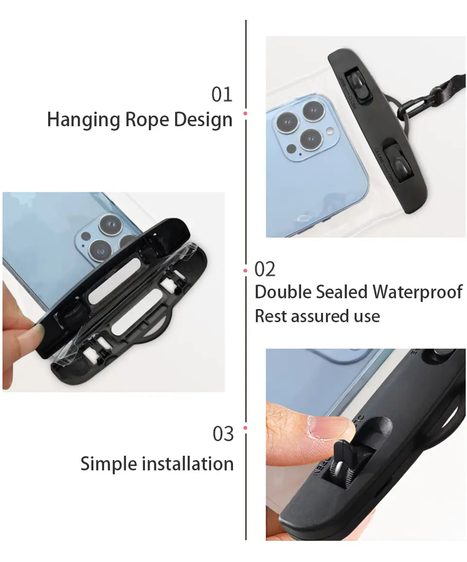 Schwarze Kunststoff-Wasserschutzhülle für das Telefon mit Aufhänge-Seil-Design und doppelt abgedichtetem Unterwasserbeutel, dargestellt von der Rückseite