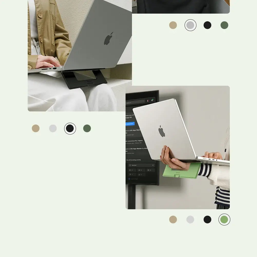 Silver laptop stand with black base and minimalist design for the nillkin dualwing adhesive laptop computer bracket type.