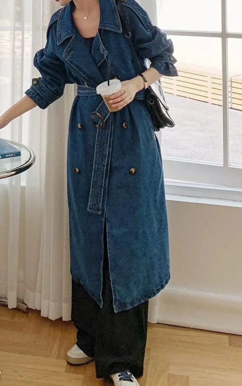 Minimally Casual Blue Denim Trench Coat for Women  2025 Autumn Mid Length Denim Jacket