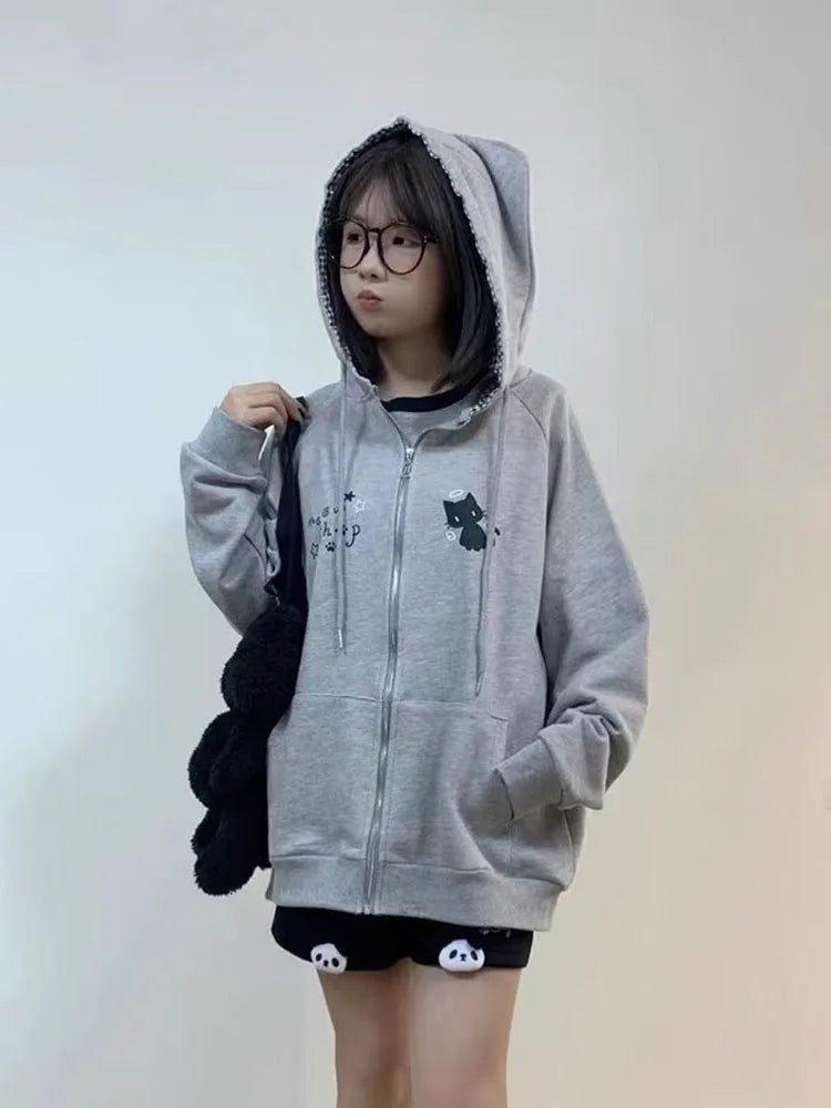 Mujer Japanese Cute Hoodies Coats Cute Cat Print Hooded Sweatshirts Y2K Tops Women Clothing Casual Zipper Loose Hoodie