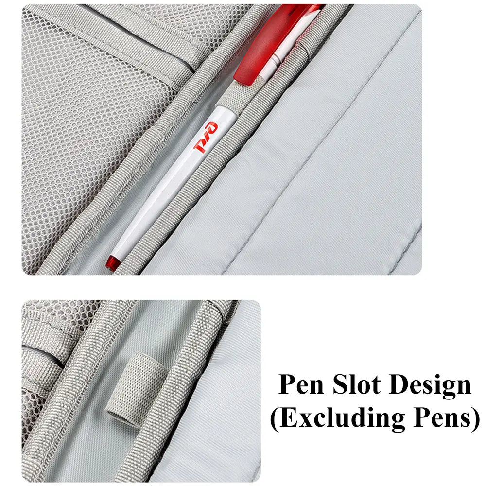 gray mesh-lined pen slot holding a red and white pen in a pink laptop sleeve 11 to 13 inch padded case
