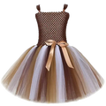 Brown mesh bodice with gold satin bow and layered taupe beige gray tulle skirt in baby girls jungle lion fancy dress front view