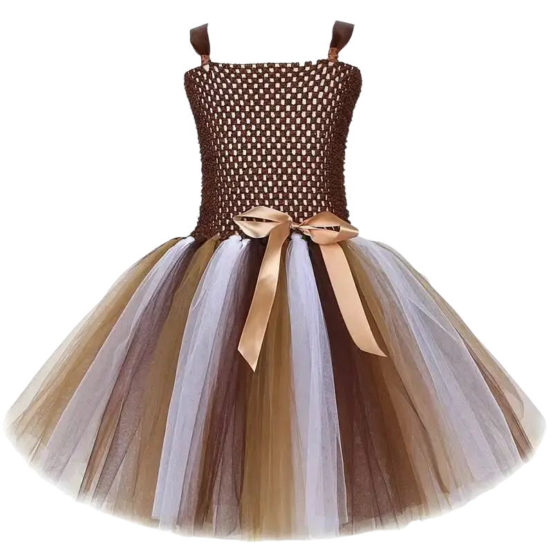 Brown mesh bodice with gold satin bow and layered taupe beige gray tulle skirt in baby girls jungle lion fancy dress front view