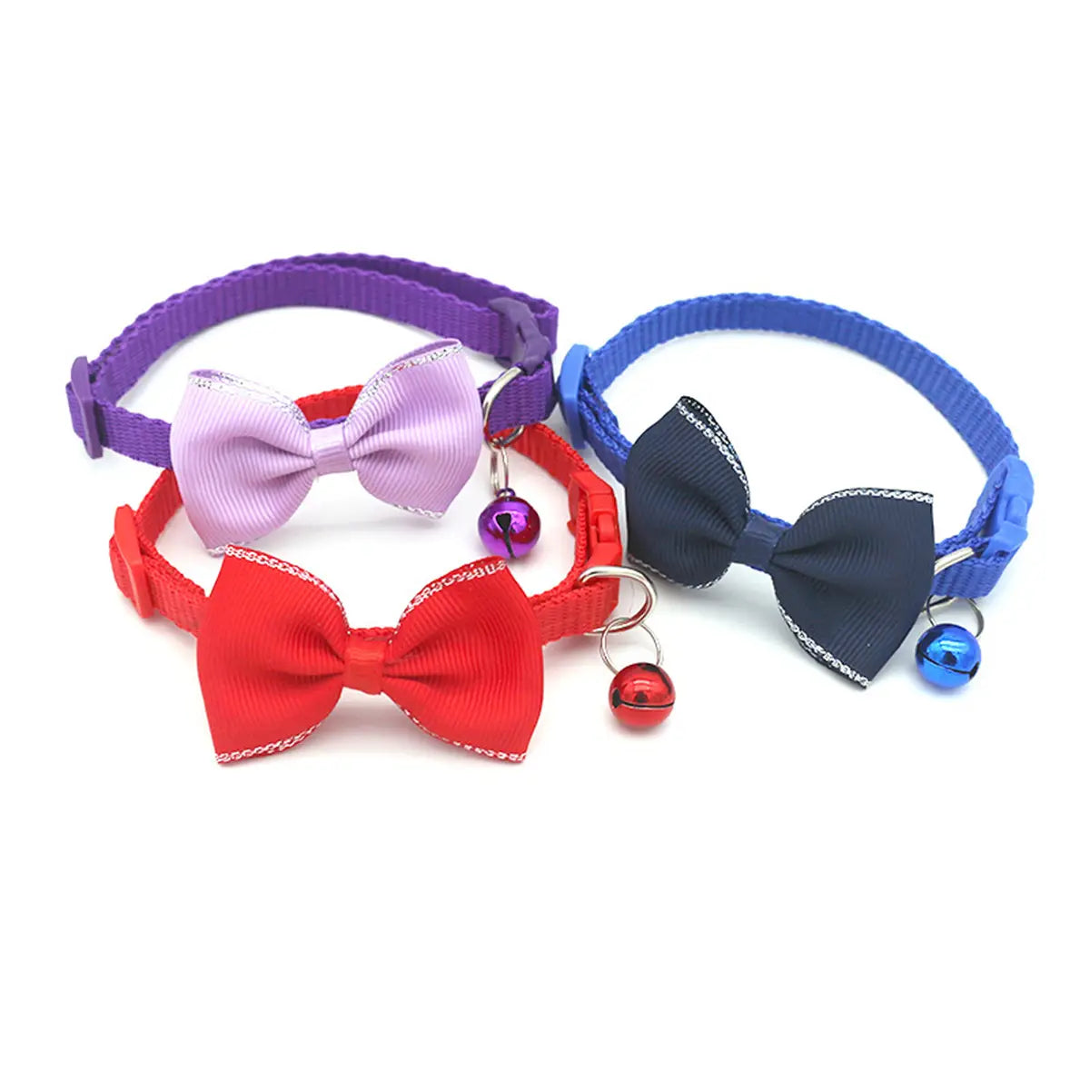 Three colorful adjustable cat collars featuring matching ribbon bows with silver trim and small bells in a bowtie set.