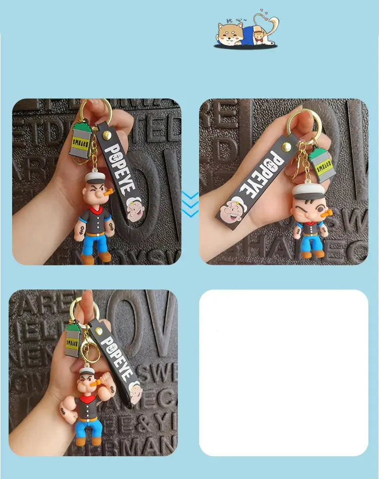 Popeye silicone keychain cartoon doll bag pendant featuring a black strap and gold-tone hardware.