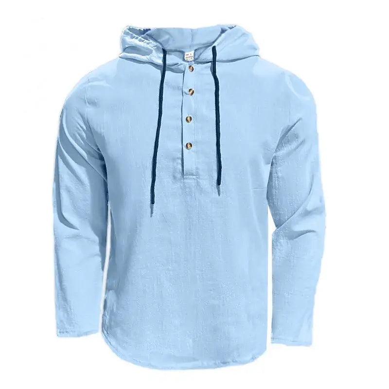 Light blue men cotton linen hooded henley shirt with long sleeves front button placket and dark drawstrings.