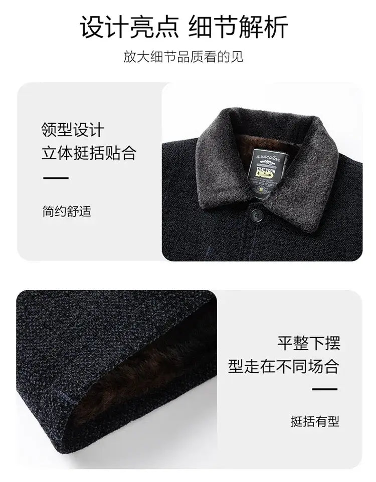Men wool blend winter trench coat in black with a plush dark gray collar and soft inner lining.