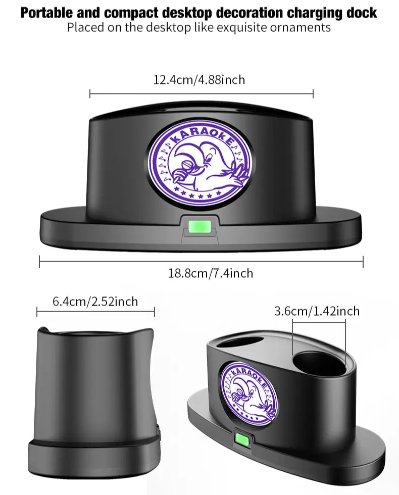 Station de charge double sans fil pour microphone de karaoké, à thème karaoké, noire, avec logo circulaire violet comportant un oiseau de dessin animé et des caractères de karaoké blancs