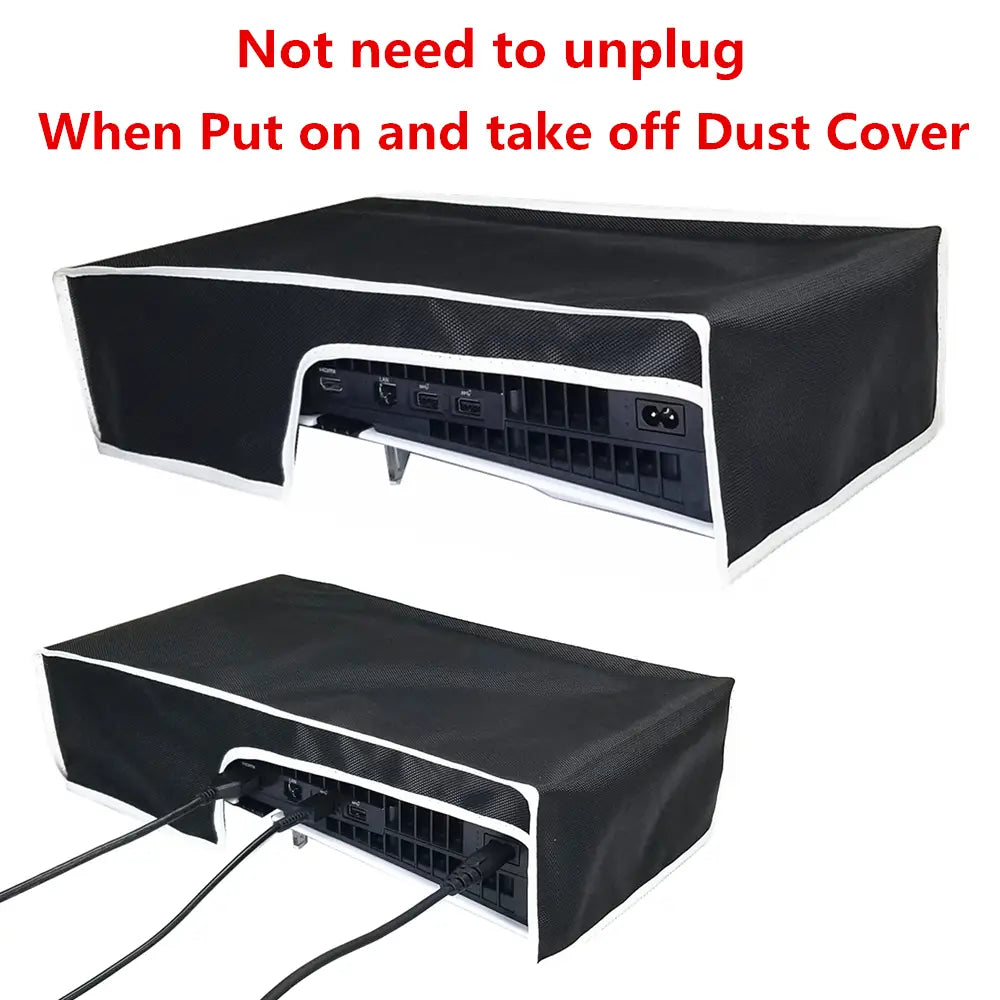 Black dust cover with white trim made of oxford cloth designed to fit over the ps5 pro console in a horizontal position.