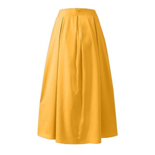 A vibrant mustard-yellow pleated high waist maxi skirt made of smooth flowing fabric featuring a central front zipper.