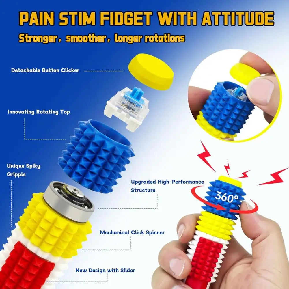 Rodillo giratorio para fidget con pinchos azul y amarillo, con base roja y secciones de agarre con pinchos, además de un girador mecánico ajustable con clic para uso como juguete antiestrés tipo fidget.