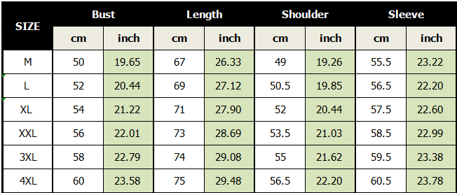 The image displays a size chart for a men printed casual long sleeve shirt with measurements in centimeters and inches for sizes m through 4xl.