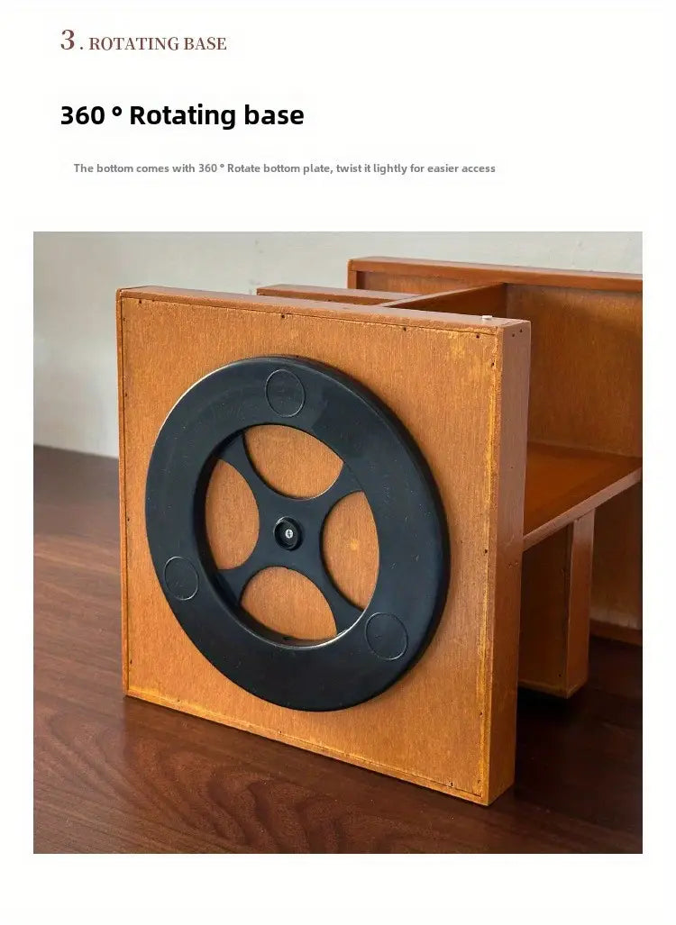 Organisateur de bureau en bois avec une base noire pivotante à 360 degrés pour le rangement du maquillage.