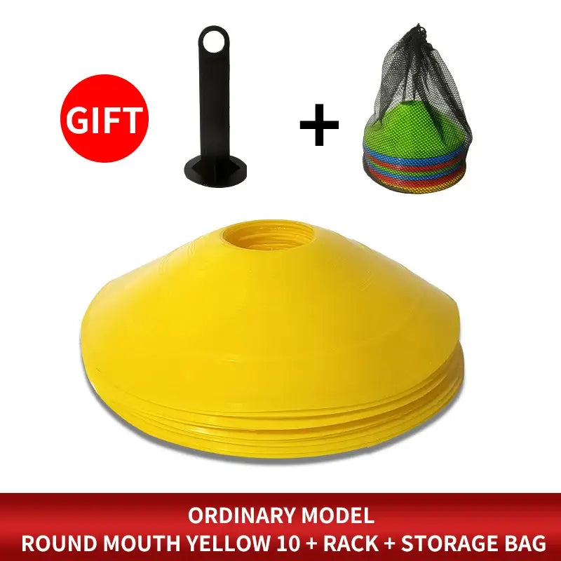 子ども向けスポーツ用アジリティトレーニングコーンセット（10個入り）。明るい黄色の丸口プラスチック製アジリティトレーニングコーンです。