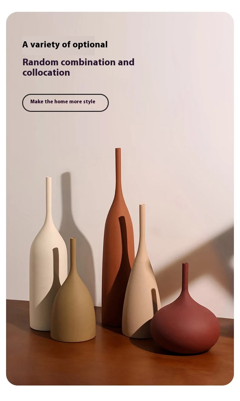 Conjunto de jarrones de cerámica minimalistas en tonos tierra con diseños modernos y elegantes para una decoración wabi sabi.