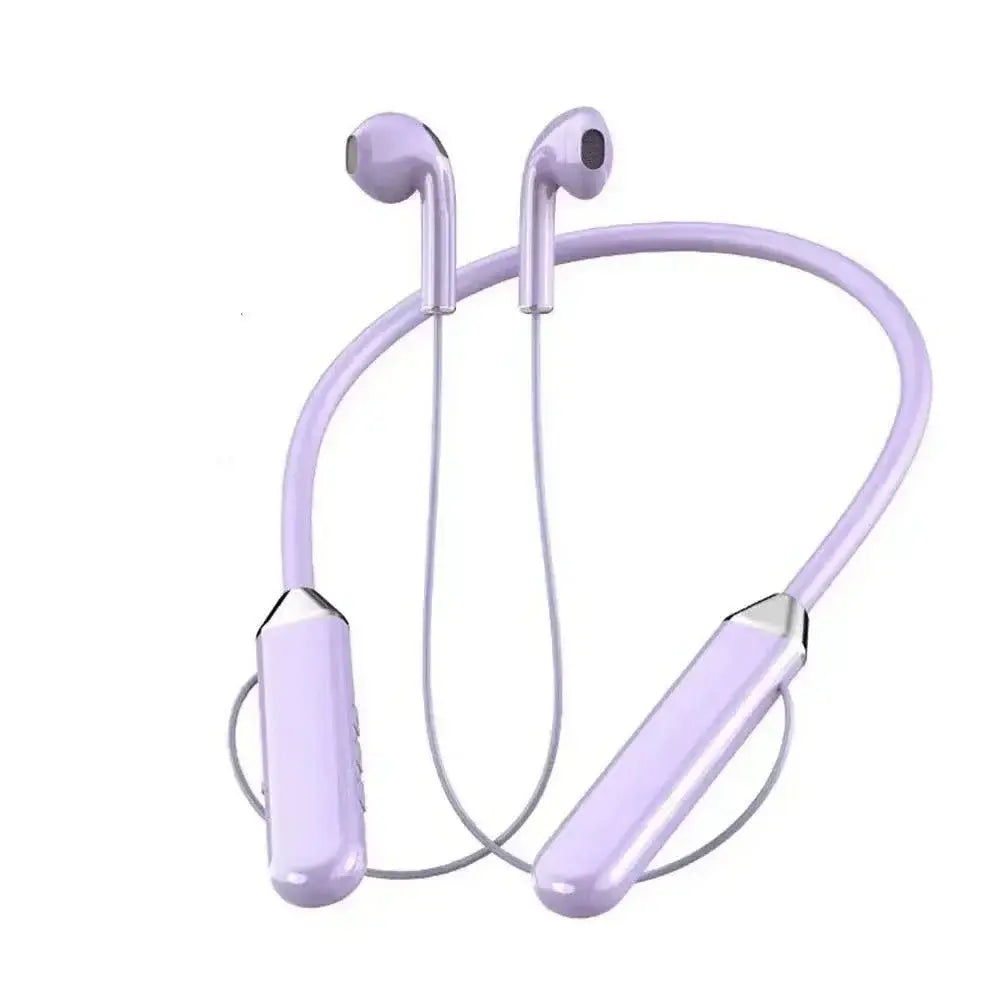 Lavender-colored wireless neckband bluetooth earphones with led display featuring sleek glossy plastic earpieces and a flexible band.