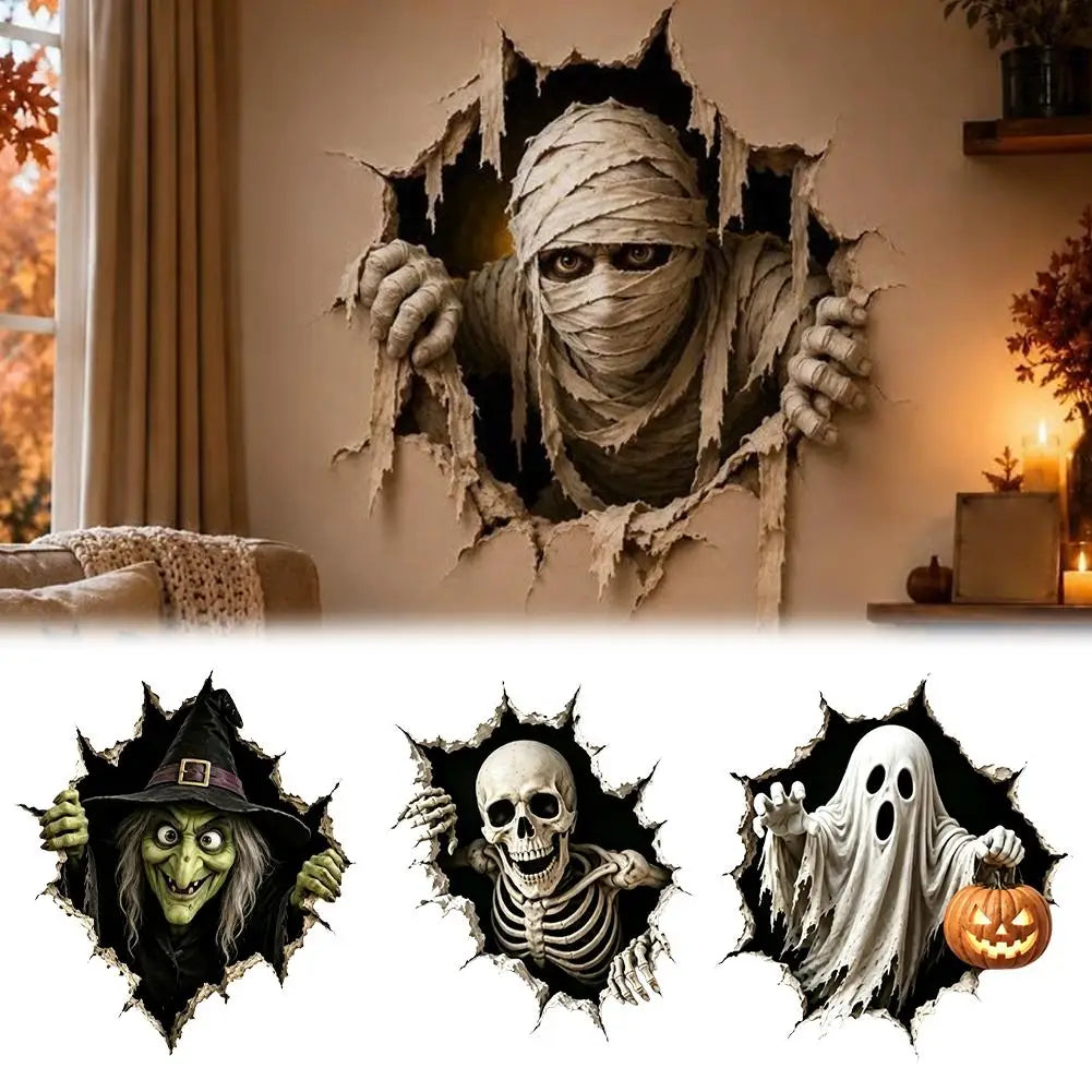 Autocollants muraux 3D pour Halloween en papier : représentant une momie effrayante aux grands yeux, enveloppée de bandages blancs, se penchant à travers un trou déchiré dans le mur.